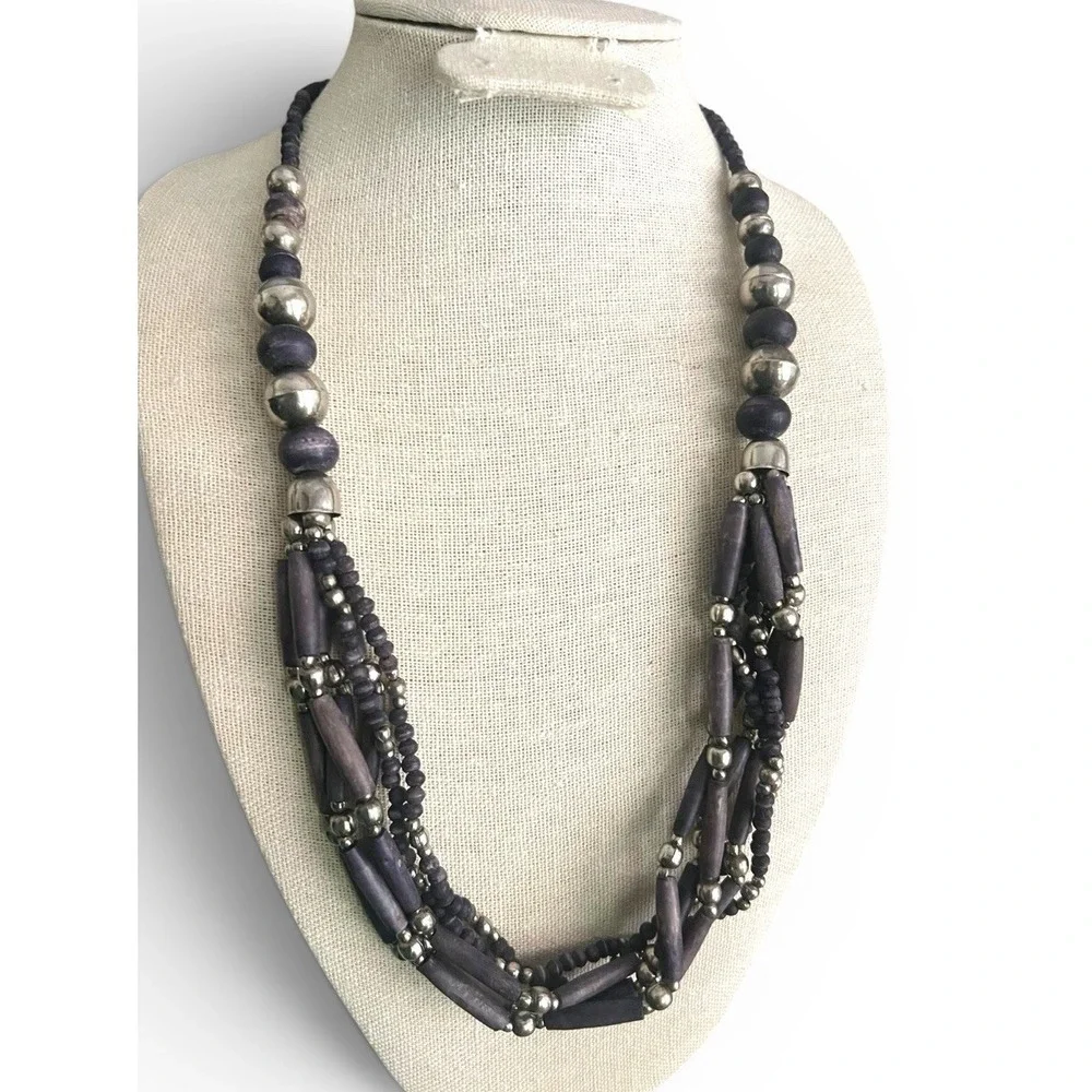 Bohemian Purple Dyed Wood And Silver Beaded 6 Strand Bib Statement Necklace Vtg